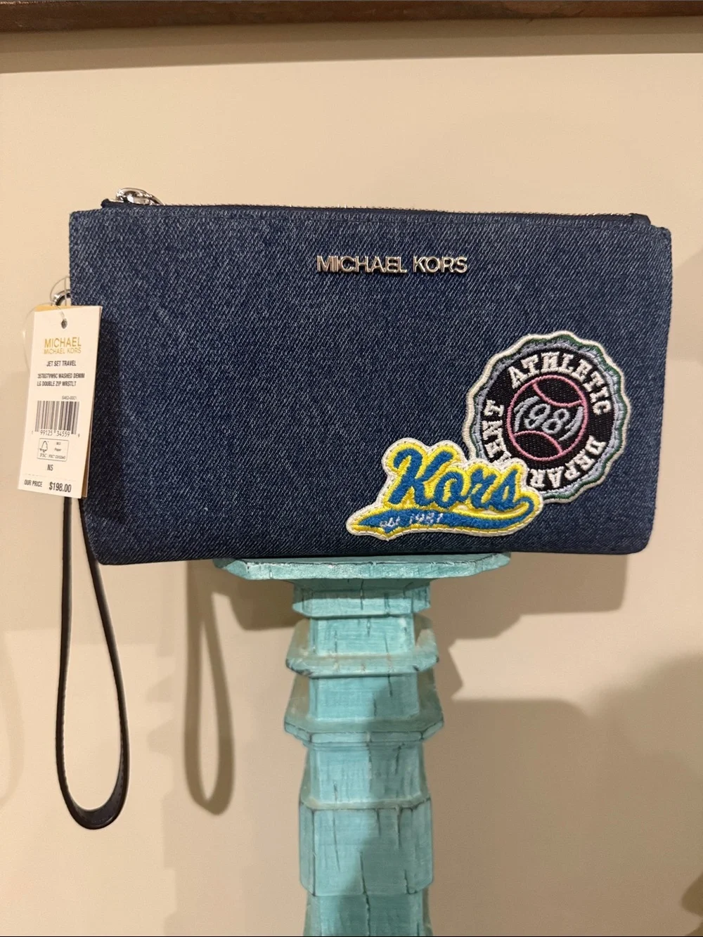 MICHAEL KORS JET SET TRAVEL WASHED DENIM TECH WALLET WRISTLET W PATCHES TAGS